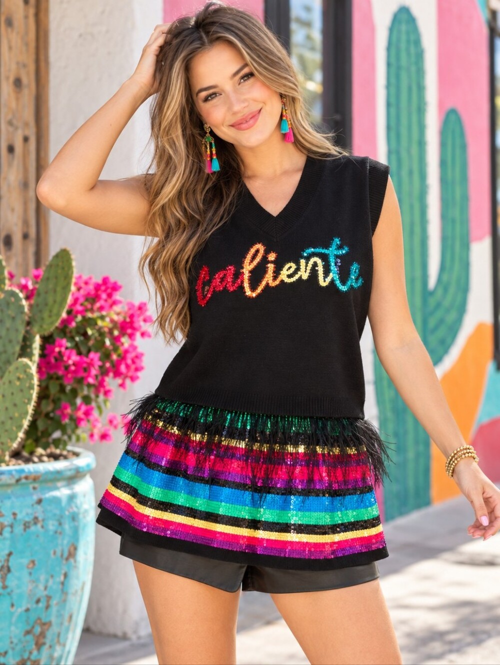 Queen of Sparkles Caliente Chili Pepper Feather Sweater Tank NWT Large